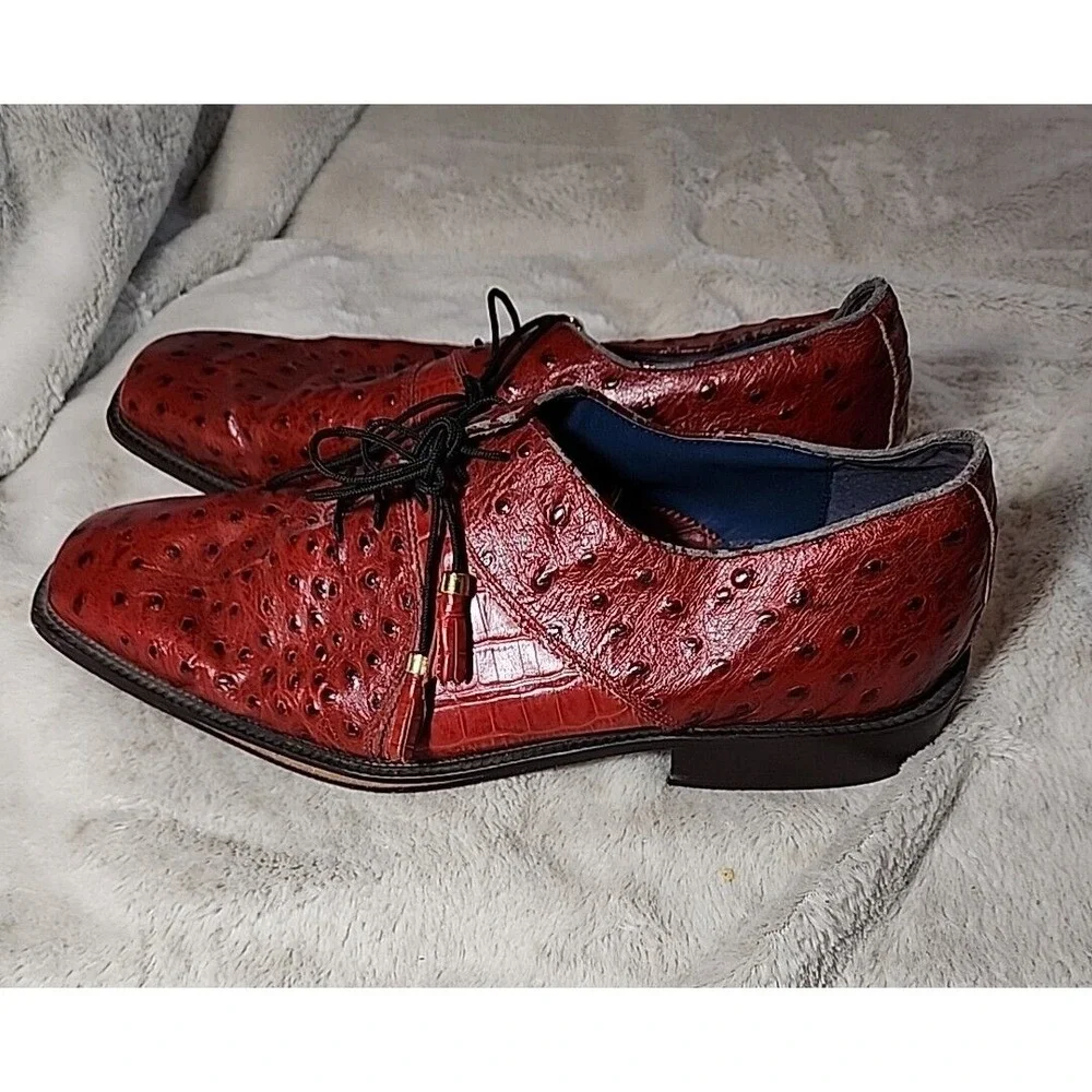 MARCO VICCI Mens Shoes 13 Otis Oxford Leather Dress Red Ostrich Patterned Luxury